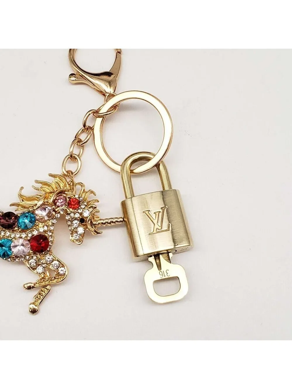 LV Authentic Gold Lock & Key 🔑 Luxury Bag Charm w/ Unbranded Horse Keychain